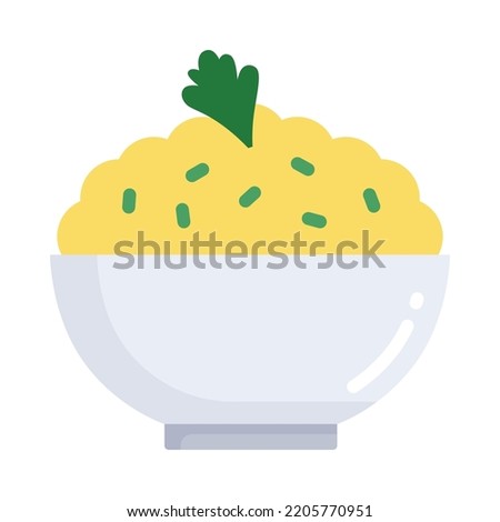 Mashed potatoes icon. Flat design. Homemade mashed potatoes in bowl on white background. For presentation, graphic design. Vector Illustration.