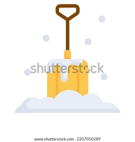 Snow shovel icon. Flat design.  Snow shovel isolated on white background. Yellow shovel in fluffy white snow. For presentation, graphic design. Vector Illustration.