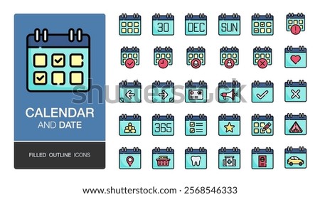 Calendar filled outline icon. Calendar settings, daily checklist management, containing date, timetable, weekly schedule. For presentation, graphic design, mobile application. Editable stroke.