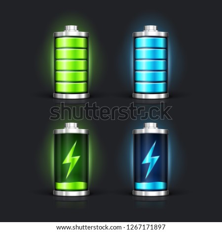 Battery charge status with lighting. Full battery and charging battery. Vector illustration.
