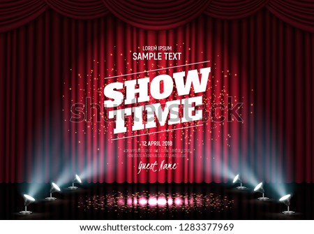 Showtime banner with curtain illuminated by spotlights. Vector illustration.