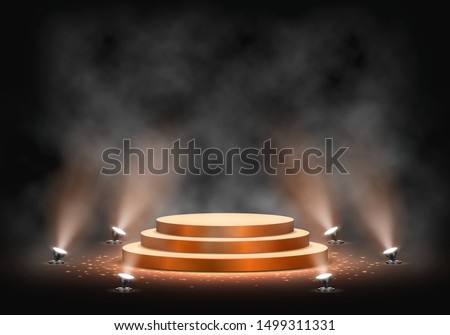 Gold podium on dark background with smoke. Empty pedestal for award ceremony. Platform illuminated by spotlights. Vector illustration.