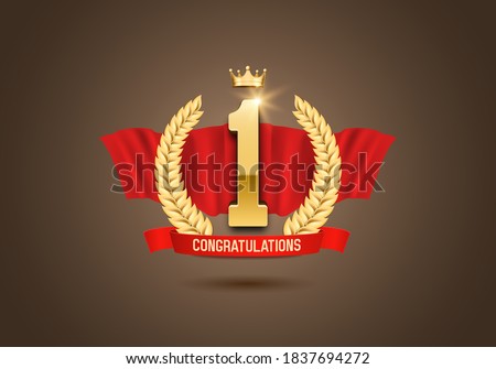 Winner award. Number one. Golden laurel wreath with crown and red ribbon. Vector illustration.