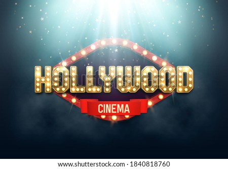 Shining sign Hollywood illuminated by spotlights. Movie banner or poster in retro style. Vector illustration.
