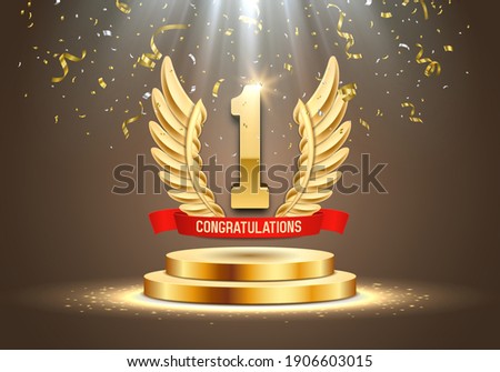 Winner award. Number one. Golden wings and red ribbon on podium with falling confetti. Vector illustration.