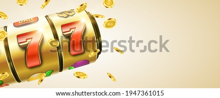 Slot machine with golden coins. Lucky seven on slot machine. Vector illustration.