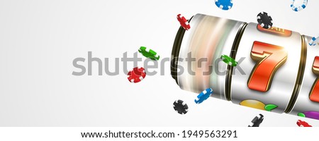 Slot machine with poker chips. Lucky seven on slot machine. Vector illustration.