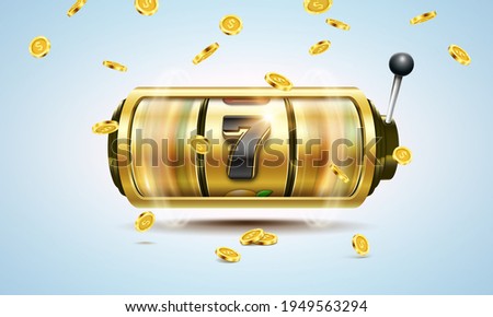 Slot machine with golden coins. Lucky seven on slot machine. Vector illustration.