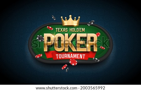 Poker tournament banner. Casino logo with golden crown and chips. Vector illustration.