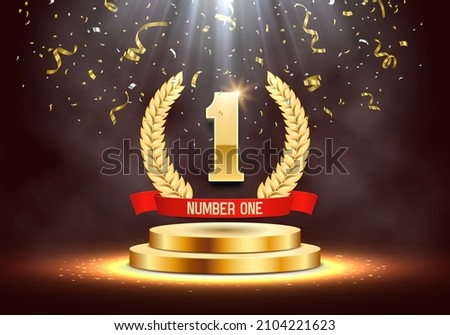 Winner award. Number one. Golden laurel wreath and red ribbon on podium with falling confetti. Vector illustration.
