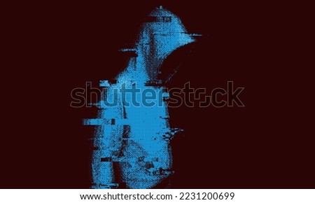 Glitched silhouette, bitmap effect, error signal, technical problem. Hacked system or cyber attack. Vector illustration.