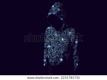 Digital silhouette constructed with binary computer code. Hacked system or cyber attack. Vector illustration.