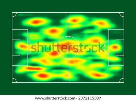 Heat map on soccer field. Player movement data. Vector illustration.
