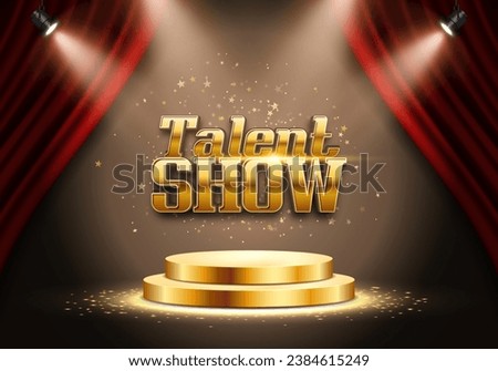 Bright Talent Show sign with podium and red curtain illuminated by spotlights. Vector illustration.