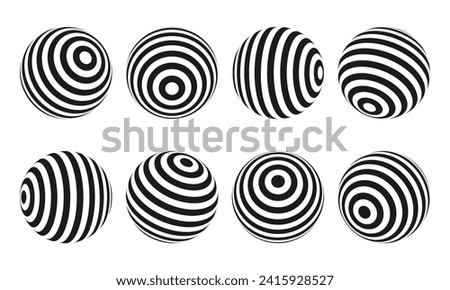 Abstract optical illusion sphere. Hypnotic spiral ball with black and white lines. Vector illustration.