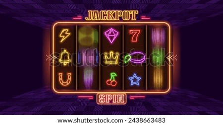 Slot machine with neon gaming symbols. Vector illustration.
