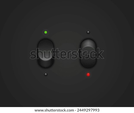 Realistic toggle switch. Black switches with backlight, on off - position. Vector illustration.