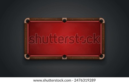 Billiard table with red cloth on dark background. Empty pool table top view. Vector illustration.