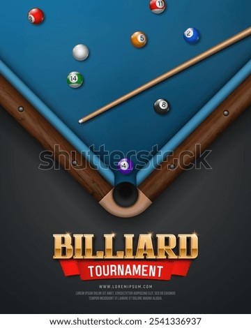 Billiard table with balls and cue. Pool table top view. Poster for sports championship. Vector illustration.