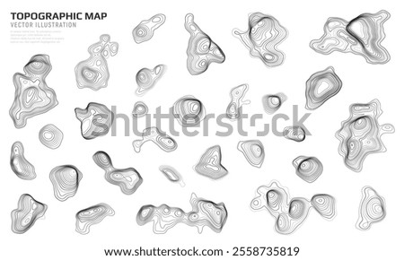 Set of geographic contour map elements with wavy geometric texture. Topographic map. Vector elevation lines with terrain patterns.