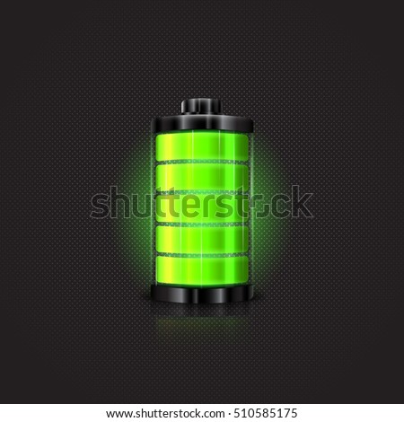 Green battery, full charge with lighting. Vector illustration.