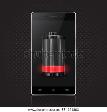 Modern mobile phone with battery. Low battery. Touchscreen smartphone. Vector illustration.