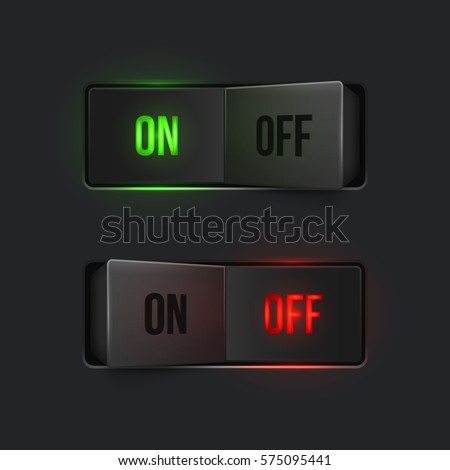 Realistic toggle switch. Black switches with backlight, on/off - position. Vector illustration.