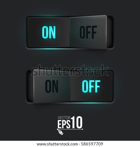 Realistic toggle switch. Black switches with backlight, on/off - position. Vector illustration.