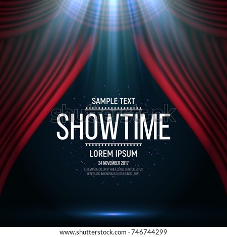 Showtime banner with curtain illuminated by spotlights. Vector illustration.