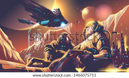 An illustration of sci-fi scene, astronaut fleet are exploring on a far-away planet in the universe. Spaceman mining or doing geological experimenting on an alien planet. Interstellar settlement.