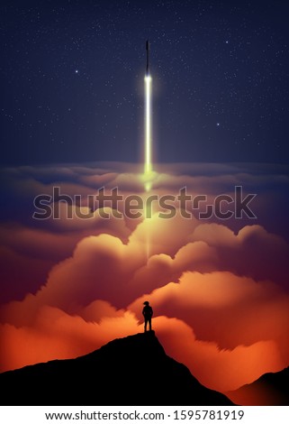 An imagery illustration in vectoring art of a man silhouette standing on the cliff and staring the rocket that flying through the sea of clouds.