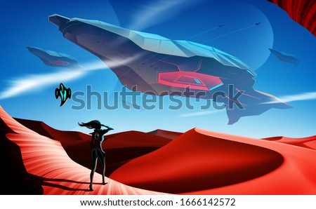 An imaginary sci-fi illustration of the space battleship fleets flying over the desert, at which a woman and her robot standing as the foreground in the picture and looking up to the sky.