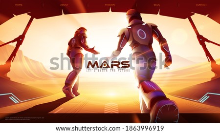 Vector illustration of two astronauts are walking out from the spaceship to the outside on Mars, ready for the greatest exploration