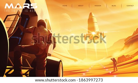 Vector illustration of missions on the mars that has the space shuttle is landing on the Mars surface for landing page template
