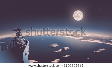 vector illustration of the ancient goddess relaxing on the balcony and she is looking down from heaven to the modern civilization with a beautiful full moon in the background