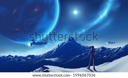 Science fiction vector illustration of a lady standing on the peak looking at vast mountain scenery viewable of habitable planet in the sky, on an unknown planet.