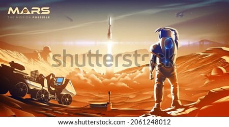 The scientific vector illustration of a colony on Mars in the near future features the launching mission of the rocket into the atmosphere in one of the colonies.