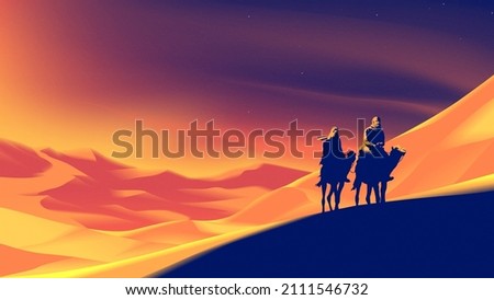 Desert vector illustration of a nomad is crossing a desert with a sunset vibe.