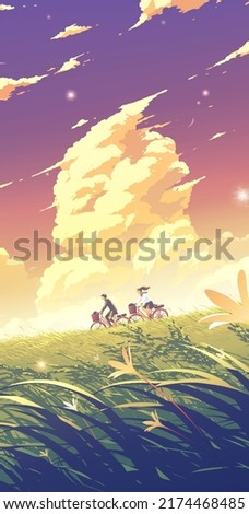 vector illustration in an anime style for a smartphone wallpaper of high school students cycling bicycles down the hill under the bright blue sky