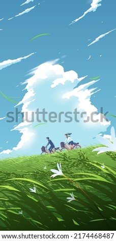 vector illustration in an anime style for a smartphone wallpaper of high school students cycling bicycles down the hill under the bright blue sky