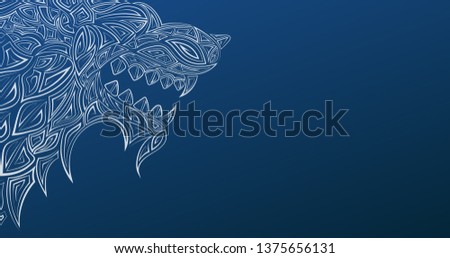 Winter wolf poster. Snow Wolf head symbol. Abstract animal print design Front view with copy space.