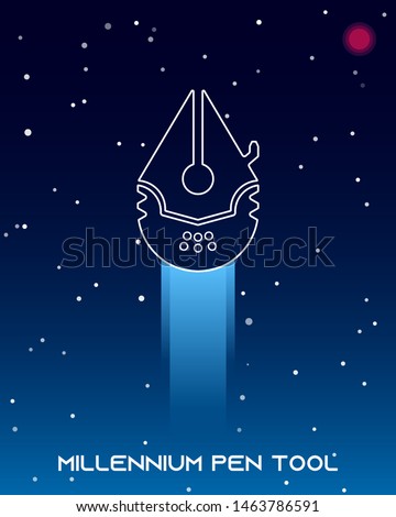 Creative pen tool icon combined with star ship. Space vector illustration.