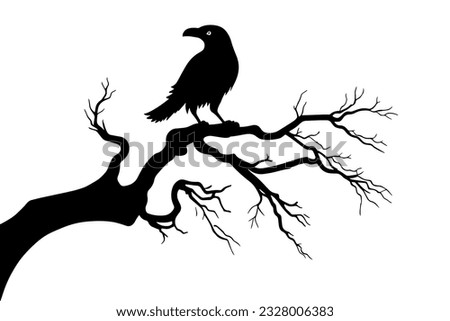 Raven on a branch of dry tree Silhouette. design element for Halloween. Vector illustration