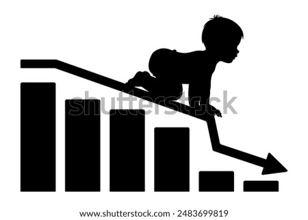 Silhouette of a baby crawling down a descending chart. Birth rate decreasing concept. Vector Illustration