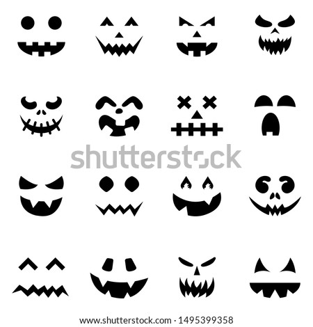 Set of pumpkin faces silhouette icons for Halloween isolated on white background. Scary pumpkin devil smile, spooky jack o lanter. Vector illustration for any design. Foto stock © 