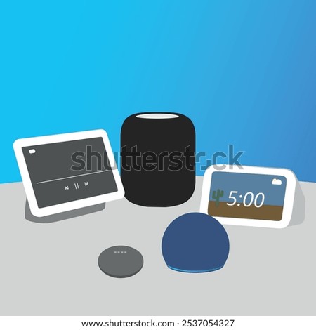 smarthome smart speaker devices, illustration of home assistant devices.