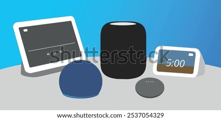 smarthome smart speaker devices, illustration of home assistant devices.