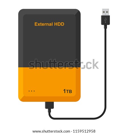 External hard disk drive with USB cable isolated on white background. Portable extern HDD. Memory drive vector illustration
