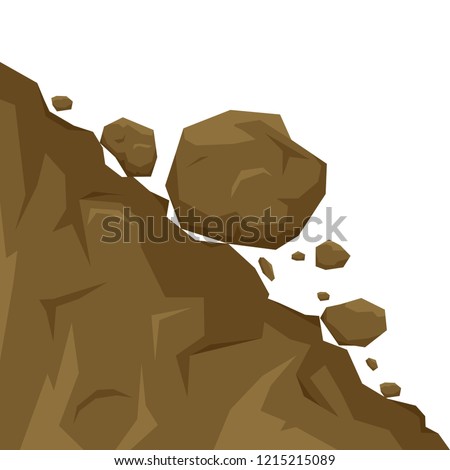 Landslide isolated on white background, stones fall from the rock. Boulders rolling down a hill. Rockfall vector illustration