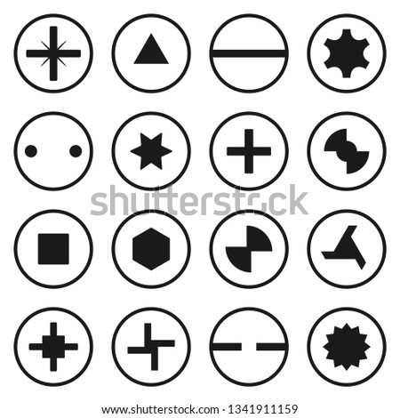 Head bolt and screw icon set isolated on white background. Top view metallic threaded fastener, equipment for work and industry. Vector illustration